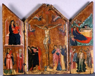 はりつけと他の場面の祭壇三連祭壇画、c.1320（木のテンペラ）