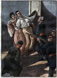セルビア国王夫妻の暗殺（カラジョルジェヴィチ家の陰謀の犠牲となったアレクサンダル・オブレノヴィチ国王とドラガ・マッシン王妃）1903年6月。1903年6月号「ラ・トリブーナ・イラストラータ」。
