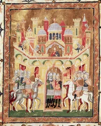 Burcardus TheutonicusまたはBurion of Mount SionによるDescriptio Terrae Sanctaeからエルサレムの壁での戦闘シーン