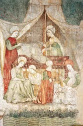 Bicocca degli Arcimboldi: 15 世紀のフレスコ画、生地の裁断の詳細と小人 (フレスコ画)