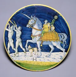 C.86-1927 「カエサルの凱旋」のカエサルの馬を描いた皿、イタリア、ヤコポ・ディ・ピエトロ作、カファッジョーロ出土