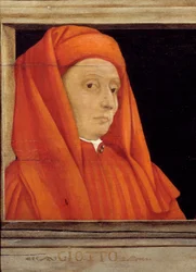 フィレンツェ・ルネサンスの巨匠の肖像画5枚を配したカッソーネ、ボンドーネAmbrogio dit Giotto di Bondone（約1267-1337）の肖像画を配した細部、16世紀のイタリア派、木に油彩。下の碑文はおそらく連続したもの。Musee d