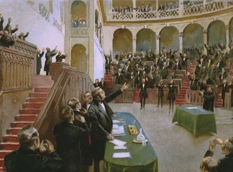 カヴールが1861年2月18日に最初のイタリア国民議会で国王ヴィットーリオ・エマヌエーレ2世（1820-78）に拍手を送らせる、チョコレート用に制作されたリソルジメント史のアルバムからの挿絵