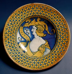 スキピオ・アフリカヌス（紀元前185-129年）を表した装飾陶皿。イタリアのデルータで制作。1520年頃。フィレンツェ、バルジェロ国立美術館