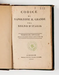 タイトルページで開いたイタリア王国のナポレオン大王の法典、フィレンツェ、モリニ、ランディエシー、1806年発行（印刷物）