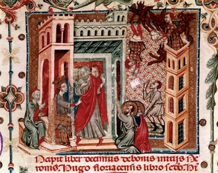 Codices Cavenses、Cod.25 f.181、Simon Magus、Emperor Nero、and the Apostles、miniature from Speculum Historiale、Part I、by Vincent de Beauvais、c.1320（velera on templum）