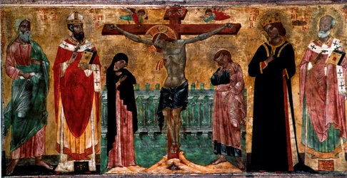 磔刑と聖人たち ヴェネト・ビザンチン派の匿名の画家による木画。寸法61x113 cm ヴェネツィア、Museo Correr, n. 381