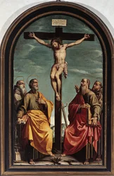 聖ペテロ、パウロ、ロムアルド、フランシスコのいる磔刑（油彩・キャンバス