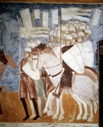 オットーネ・ヴィスコンティ（1208〜1295年）の演説を聞く十字軍。ロッカ・ディ・アンゲラのフレスコ画、14世紀初頭。