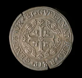 ジュネーブ共和国の通貨。銀製でECU幅。直径61mm。1693年、正面。ジェネス共和国ストラーダ・ヌオーヴァ博物館（Inv, M7135)