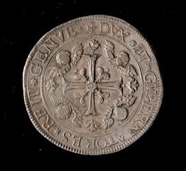 ゲネス共和国の通貨：5エキュース銀貨。直径61mm。1693.正面。ゲネス共和国新旧対照表(Musei di Strada Nuova)
