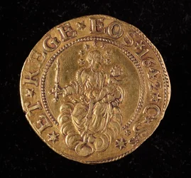 遺伝子共和国の通貨：5つの金のドッピーコイン。ディアム。 41mm。 1642.戻る。遺伝子Museidi Strada Nuova
