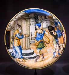 皿アブラハムにパンを捧げるメルキゼデク 1530-1540年頃（マジョリカ）
