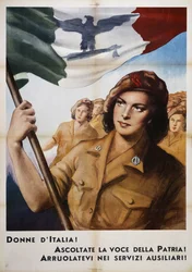 イタリアの女性たちは祖国の声に耳を傾ける！補助奉仕に参加せよ！(イタリアの女性たちよ、祖国の声を聞け！ 援助隊に入隊せよ！）、プロパガンダ・ポスター、イタリア、20世紀