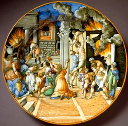 トロイの火事の時のエネアスと父アンキセス イタリアのウルビーノで制作された陶板。1560年頃 フィレンツェ、バルジェッロ美術館 - トロイの火事の時のエネアスと父アンキース。ウルビーノで製作された陶板。1560年頃のもの。ナショナルミューズ