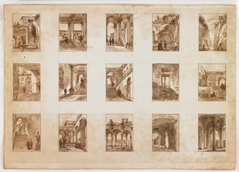 15のミニチュア建築とイタリアの眺め（紙のグラファイトの上にウォッシュしたペンと茶色のインク）