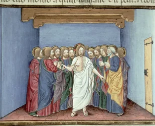 Fol.135v 裁判官を恐れて一つ屋根の下に集まった弟子たちにイエスが現れる (ベラム)