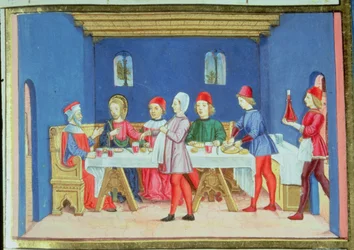 Fol.75v パリサイ人の家での食事中のイエス、安息日に病気を治してもよいか尋ねる (ベラム)