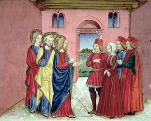 Fol.89R パリサイ人は、姦淫に巻き込まれた女性をキリストに差し出す (ベラム)