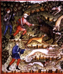 Fol.96r 「Tacuinum Santiatis Codex Vindobonensis」より狩猟動物の図版（ベラム製）。