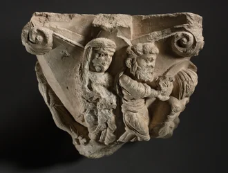 メアリーの幼年期のシーンを含む首都の断片、1100年代初頭のモノポリ大聖堂のワークショップ