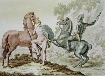 ギリシャ騎兵隊、ジュール・フェラリオ著「Le Costume Ancien et Moderne」（1820年代〜30年代に出版）のプレート44（カラーリトグラフ）。