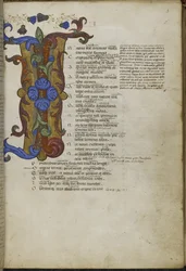 Harley 2769、f.3 Ovid の Metamorphoses の冒頭にあるイニシャル「I」(n) の装飾、1400 年頃 (ベラム紙にインクとカラー)