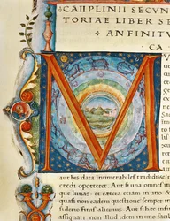 大プリニウス (ベラム) による「Naturalis Historia」から、天と星座を描いた歴史的なイニシャル「M」