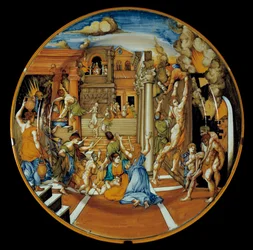 ホメレのイリアス：トロイの火を表現したファイアンスの皿。1525-1530.パリ、ルーヴル美術館