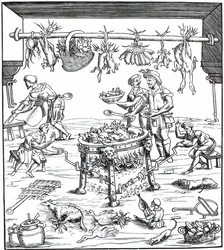 1549年に発表されたクリストフォロディメシスブルゴによるバンケッティ作曲のヴィヴェンデの木版画の後のイタリアのキッチンのインテリア