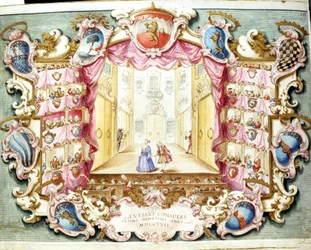 1722年、ボローニャのサラ劇場の内部。当時のプリント。ボローニャ国立公文書館。
