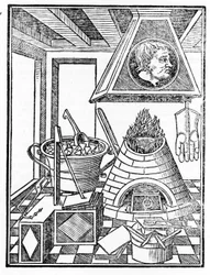 冶金工房の内観 ジョバンニ・アゴスティーノ・パンテオ（1517-1535）の「Voarchadumia contra alchimiam ars distincta ab archimia et sophia...」からの挿絵です。