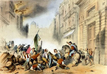 イタリア統一： 1860年5月26日、ジュゼッペ・ガリバルディは赤シャツ隊「サウザンド」を率いてシチリア島のパレルモに入り、ナポリのブルボン家の王国に決定的な打撃を与えた。19世紀のエングレーヴィング