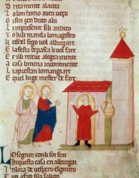 亡命するヨセフとマリア Miniature from "Del novo e del vedre testamento" by Pietro da Barsegape (13世紀) 14世紀 ミラノ, Biblioteca Braidense