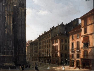 La corsia del Duomo a Milan (Piazza del Duomo) - Anonymous painting - Oil on wood - 1840 Museo Civico di Milano, Palazzo Morando