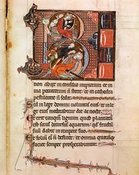 ダビデ王が槍を弾き、ゴリアテを倒す様子を描いたLettrine Bの装飾品 写本「Psalterium Cum Calendario」からのページ 13世紀 パドヴァ、神学校の書庫