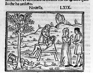 不倫妻のリディアは、ピッロの腕の中で夫に驚かれる。イタリアの作家、Giovanni Boccaccio dit Jean Boccaccio（1313-1375）の『デカメロン』のニュース69（7日目の新9）の挿絵。デカメロン・ウアー・チェントの」のエングレーヴィング