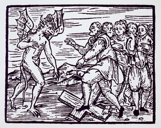 キリストを否認する男性魔女、1608年ミラノ刊、M・グアッチウス神父著『Compendium Maleticarum』の挿絵の複製、19世紀後半刊行の『魔術史』に使用
