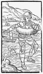 1555年にローマで出版された、オラウスマグナス（1490-1558）による北方民族の歴史からのライフリングを持つ男、1555年