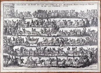 マスカレード：カーニバルの際の仮面をつけた人々の行列と踊り。ミラノ 1764年02月20日 18世紀のエングレーヴィング