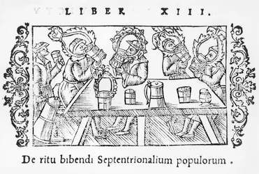 男性の飲酒、イラスト、北部の説明、オラウス・マグナス（1490-1558）、1555年にローマで出版