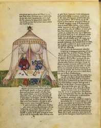 Ms.Fr 343 f.31vパーシヴァル卿は、クエストデルサングラールからc.1380-85から誘惑する前にごちそうを与える乙女に誘惑されました
