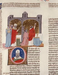 ミス183、f.312r:De consecratione」、「Decreta cum Apparatu Ioannis Andreae Laurentii」の細密画（ベラム製）。