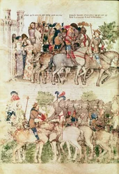 Ms Fr 343 fol.8vアーサーと彼の騎士は聖杯の探求に出発しました、クエストデルサングラール、c.1380-85から