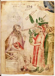 MS 6823 fol.1モンテインペリアルのマンフレッドによるハーブから、未知の男性に植物を贈る女性