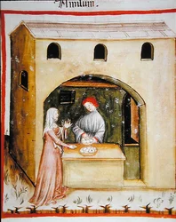 Nova 2644 fol.43r Selling Wheat Starch, Tacuinum Sanitatis Codex Vindobonensis (vellum) より