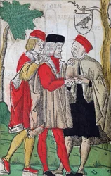 アンドロ・コルヴォ作「Chiromantiaのやしの読み」、1581年（色の木版画）