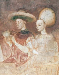 タロット カードで遊ぶ、ゲーム サイクルのシーン、ca 1445-1450、フレスコ画、パラッツォ ボロメオ、ミラノ、ロンバルディア州、詳細、イタリア