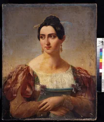 ""Portrait of a Woman"" (女性の肖像) イタリアの貴族の若い女性で、肩にリボンが付いたドレスを着ています。 19世紀初頭のイタリア派の絵画。 プーシキン美術館、モスクワ