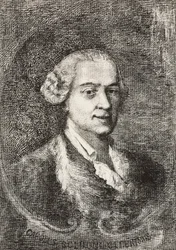 カルロ・ゴルドーニ（1707-1793）の肖像、イタリアの劇作家、ジャンバッティスタ・ピアゼッタの絵画とE・キシメネスのデッサンからマルコ・ピッテリが彫ったもの、『L
